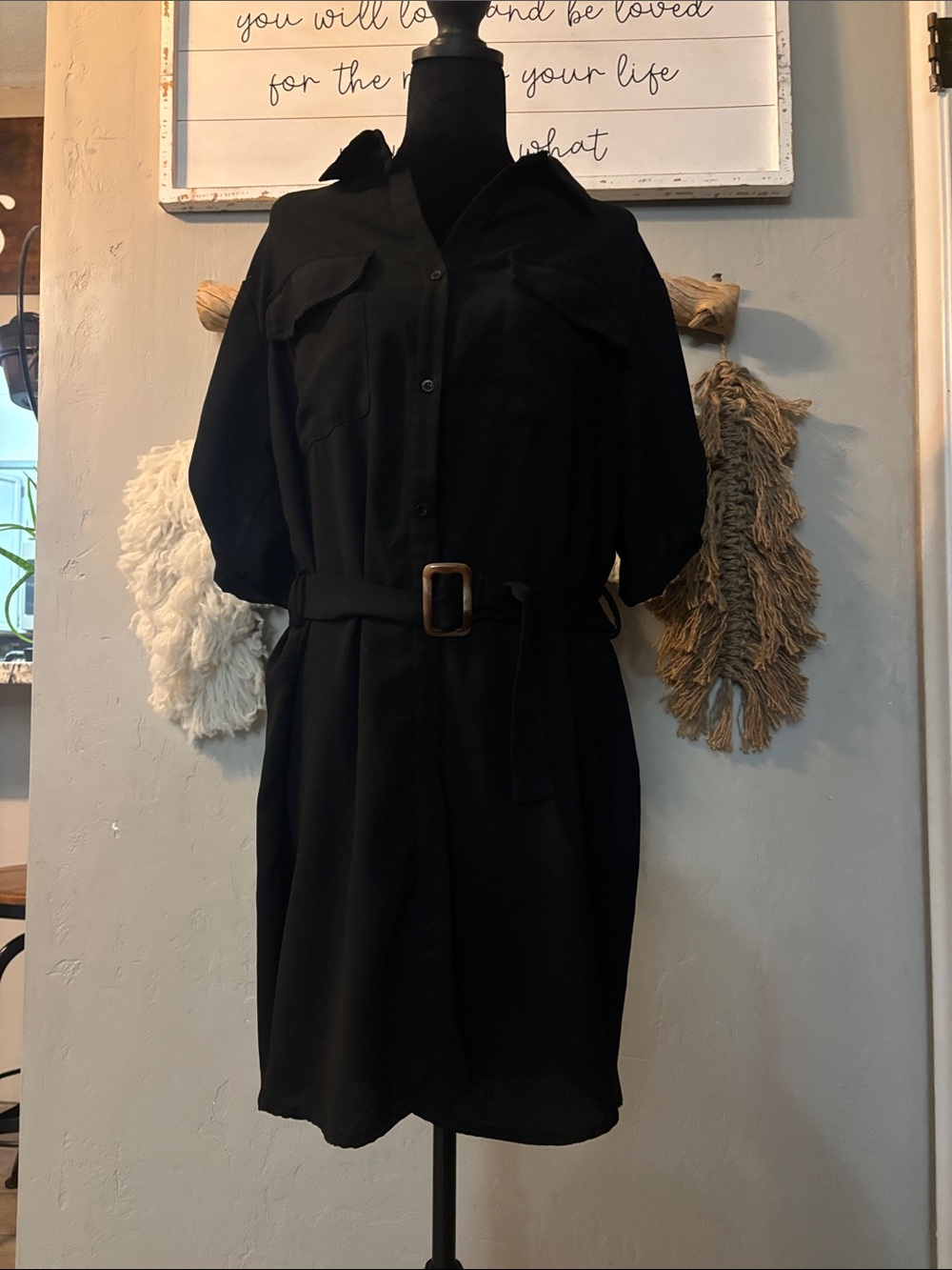 Black Womens Belted Shirt Dress Jacket